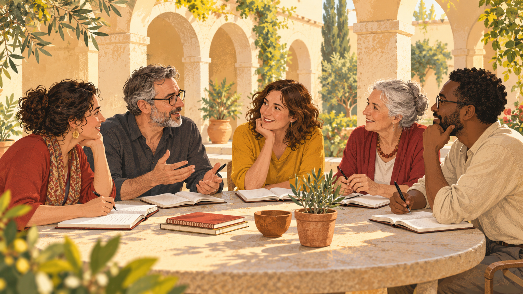 Il·lustració de cinc docents compartint idees en un claustre assolellat